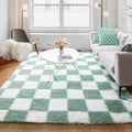 KICMOR Fluffy Sage Green and White Rugs Living Room Carpet, 5x7 Large Fuzzy Checkered Shag Area Rug for Bedroom Aesthetic, Furry