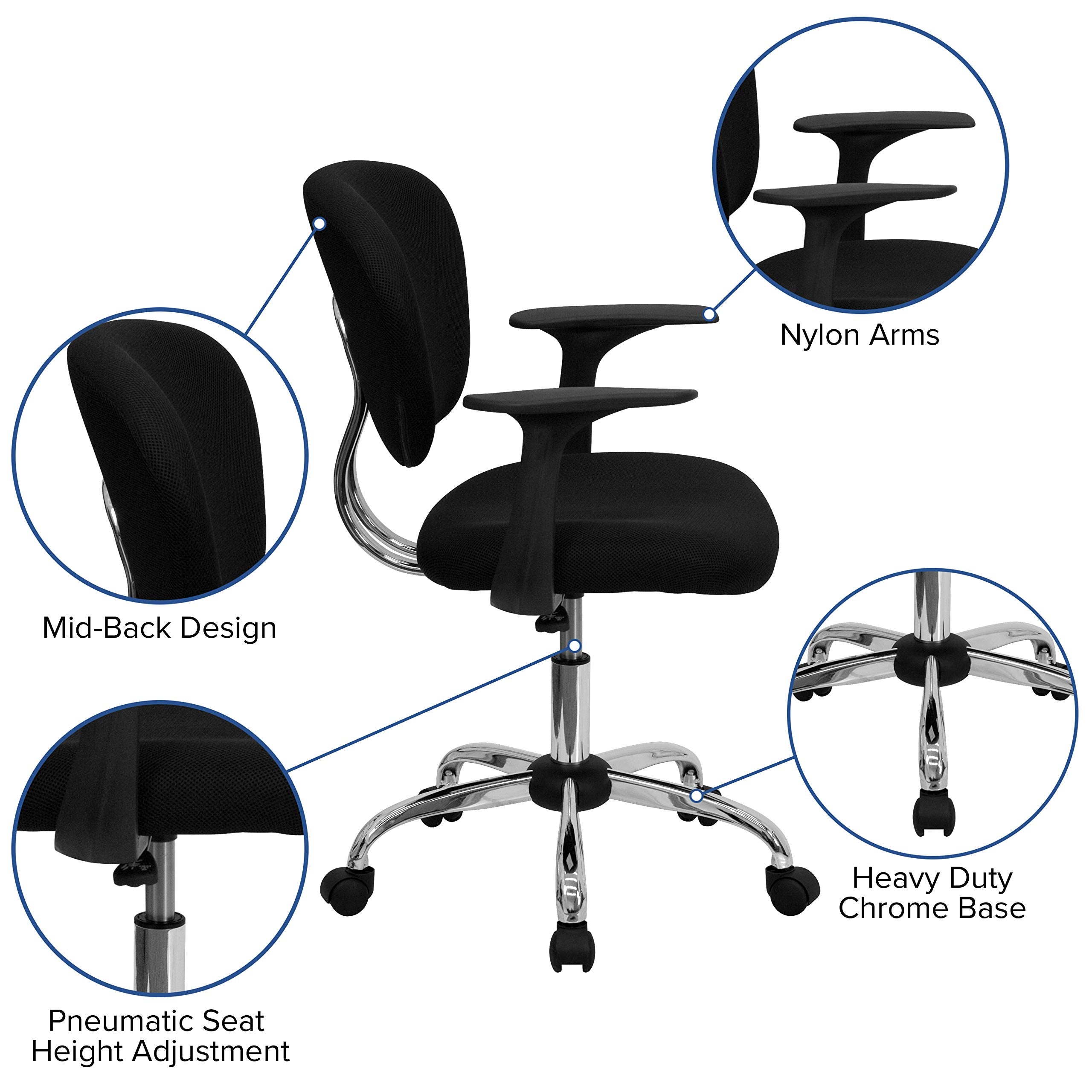 Flash Furniture Beverly Mid-Back Black Mesh Padded Swivel Task Office Chair With Chrome Base And Arms