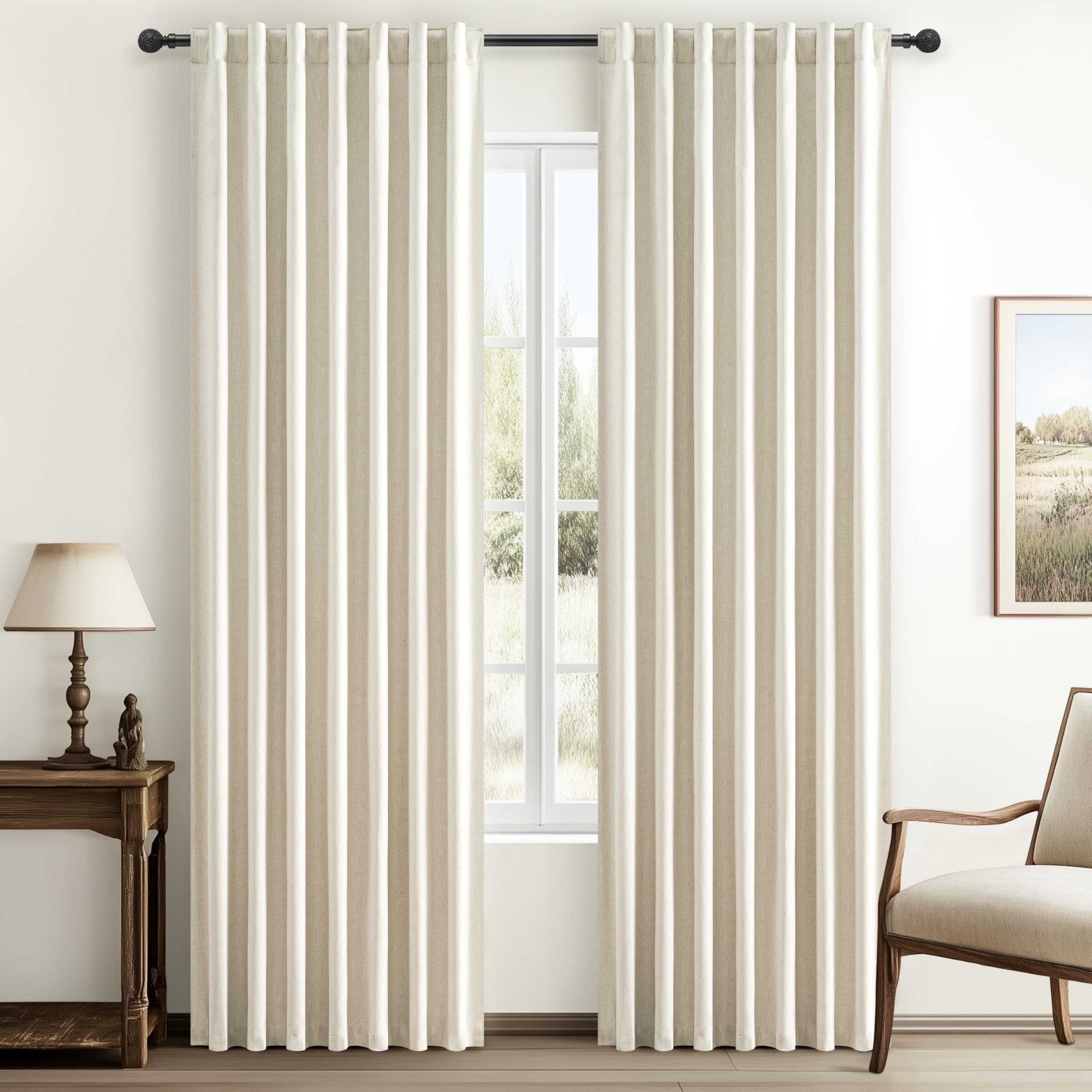 Warm Cream Thick Linen Black Out Curtains 84 Inch Long for Living Room 2 Panels Set, Farmhouse Pleated Room Darkening Window Dra