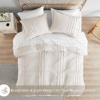Comfort Spaces Cream Queen Size Duvet Cover Set - 3 Pieces Pintuck Pleated Duvet Cover Queen, All Season Lightweight, Extra Softness Pre-Washed Microfiber Queen Bedding Cover Shams, Full/Queen