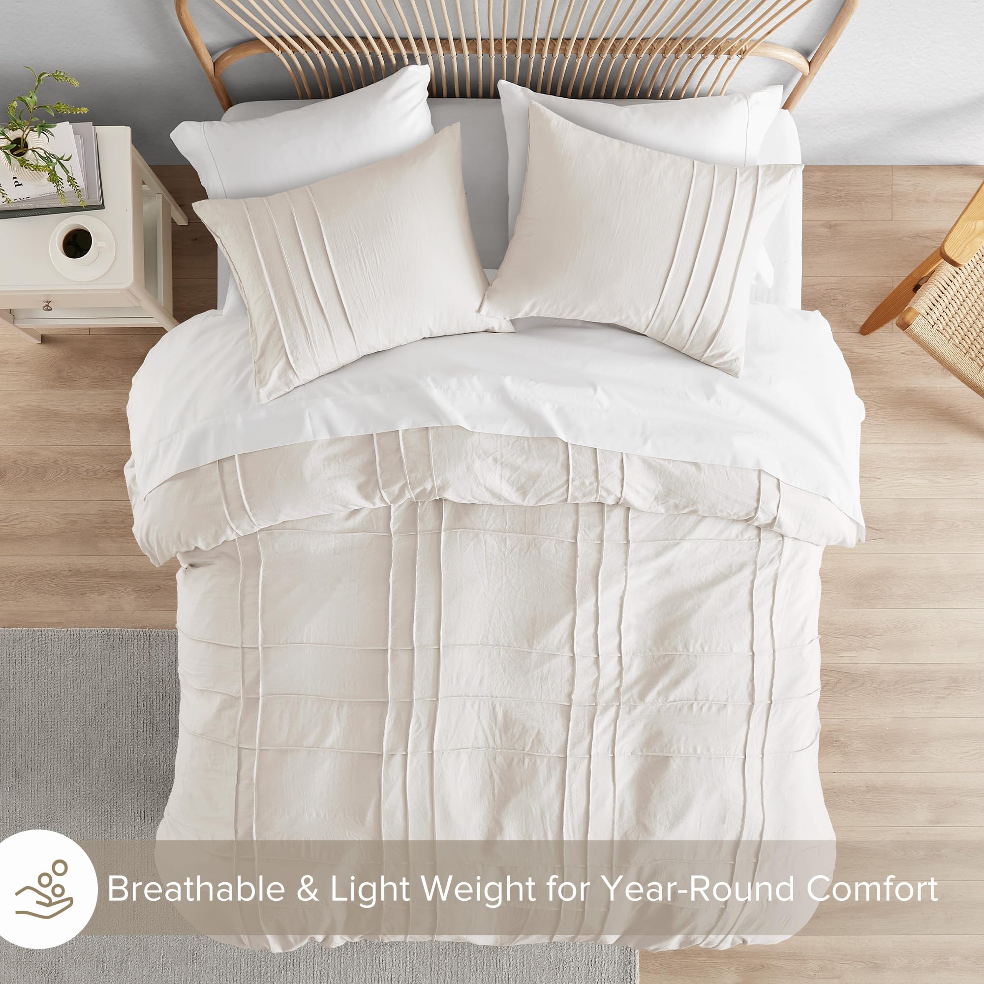 Comfort Spaces Cream Queen Size Duvet Cover Set - 3 Pieces Pintuck Pleated Duvet Cover Queen, All Season Lightweight, Extra Softness Pre-Washed Microfiber Queen Bedding Cover Shams, Full/Queen