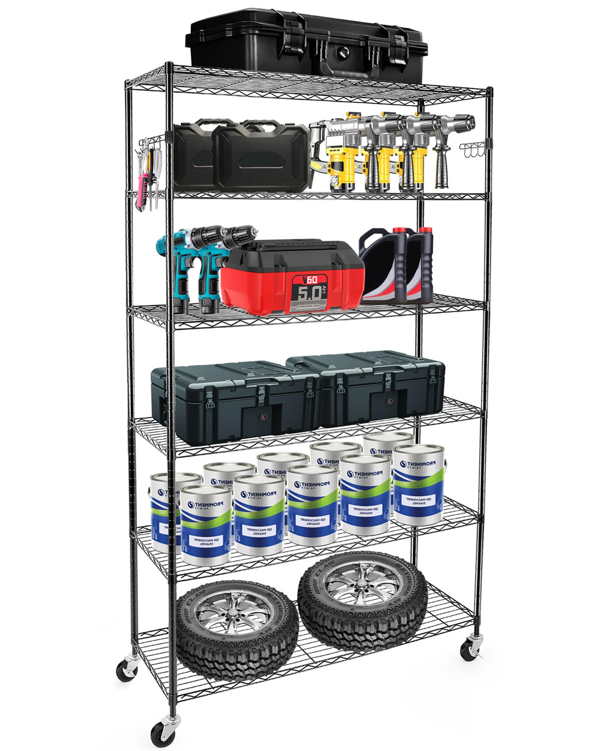 Ynn Wire Shelving,2450Lbs Capacity 6 Tier Heavy Duty Nsf Wire Shelf With Rolling Wheels Black Metal Storage Shelves Adjustable W