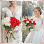 Hoemwarm 36 Pcs Red And White Rose Artificial Roses Flowers Bouquet Centerpiece,Fake Silk Rose Stem Realistic Artificial Flowers