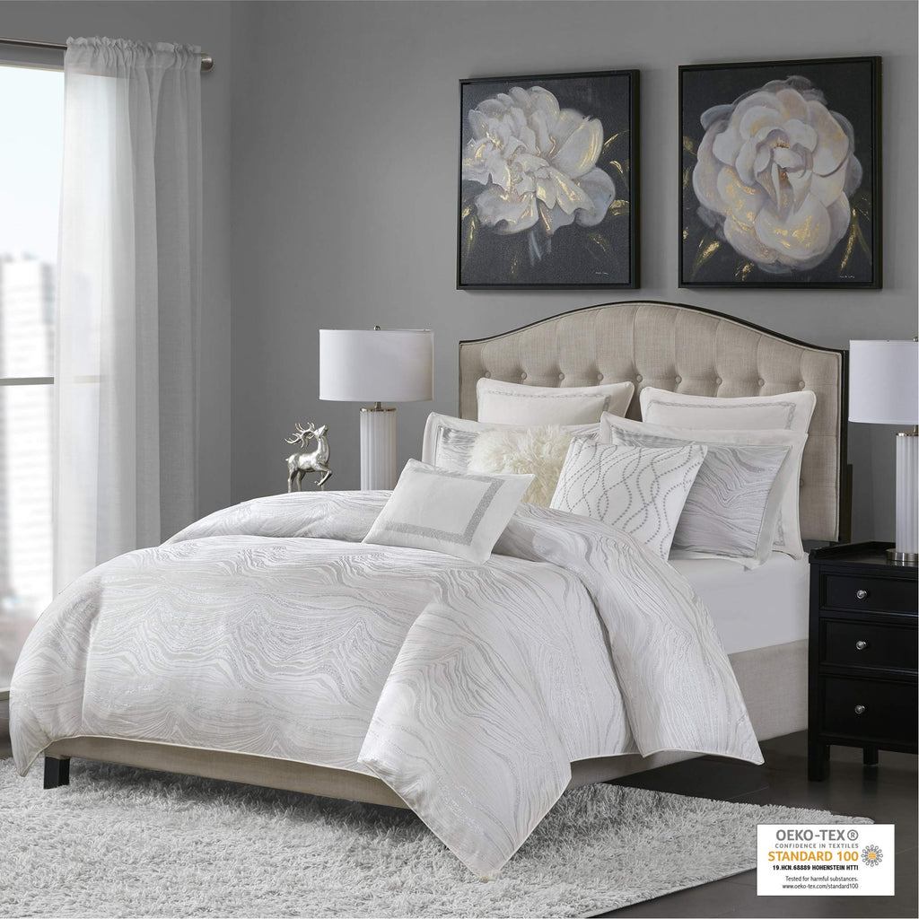 Madison Park Signature Glam Cozy Comforter Set - All Season Bedding Combo Filled Insert And Removable Duvet Cover, Shams, Decorative Pillows, Metallic White Queen(92'X96') 9 Piece