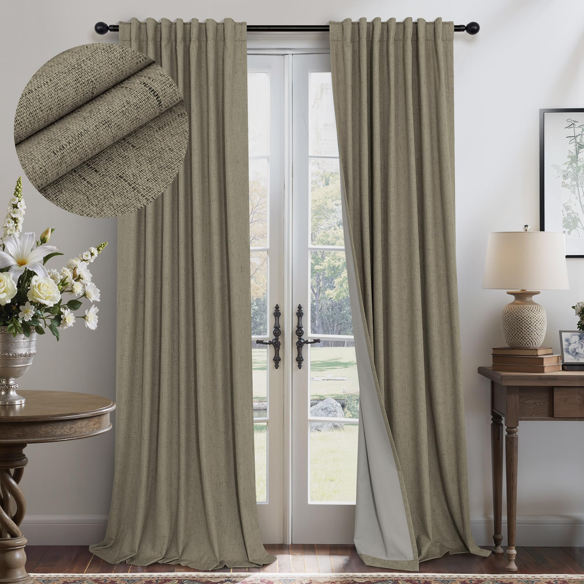 Dark Taupe Neutral Blackout Curtains 96 Inch Long 2 Panel Insulated Sliding Door Curtain UV Heat Blocking Drape for Living Room 