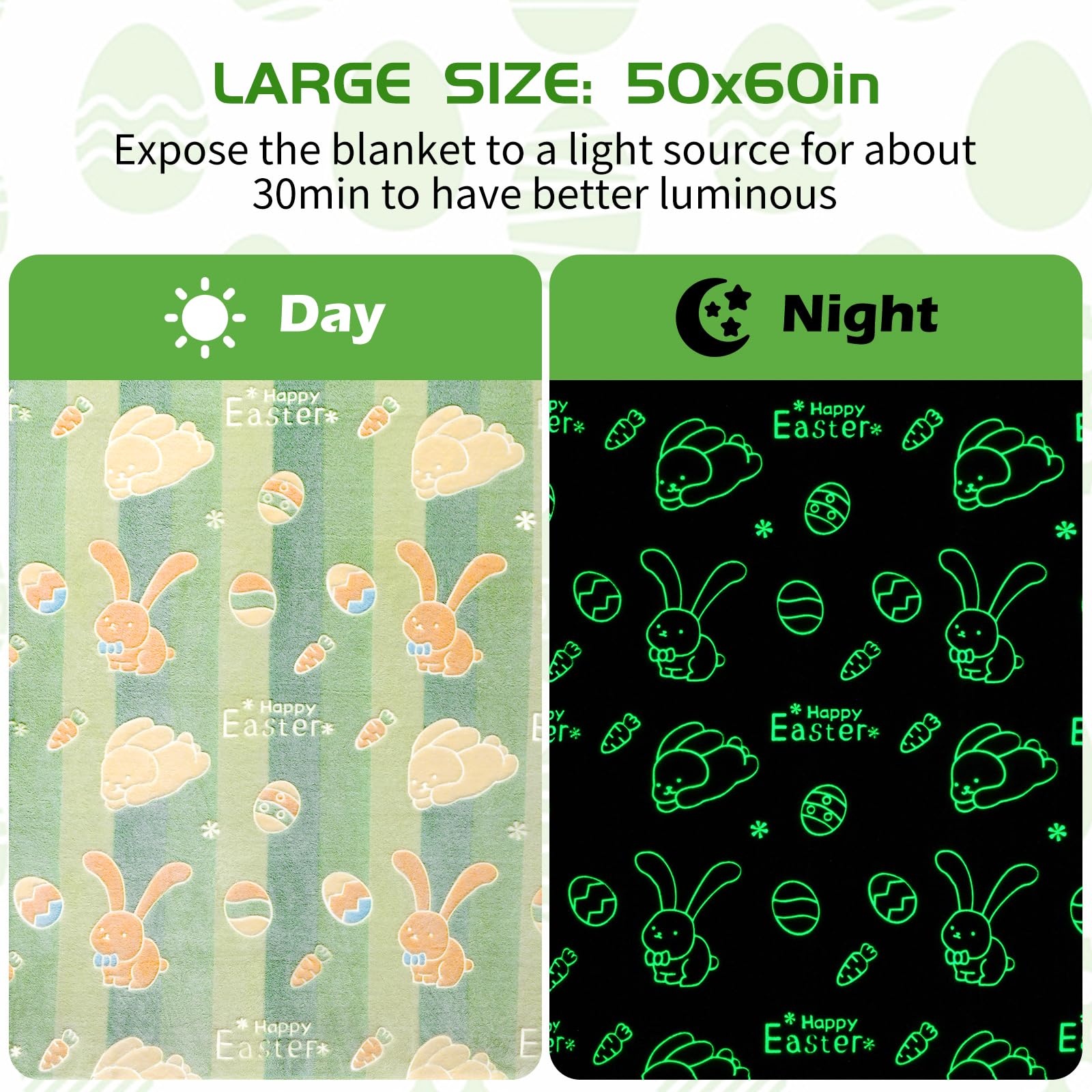 Lifeyj Glow In The Dark Easter Blanket Gifts For Girls Boys, Soft Easter Egg Rabbit Green Blanket 3 4 5 6 7 8 9 10 Year Old Girl