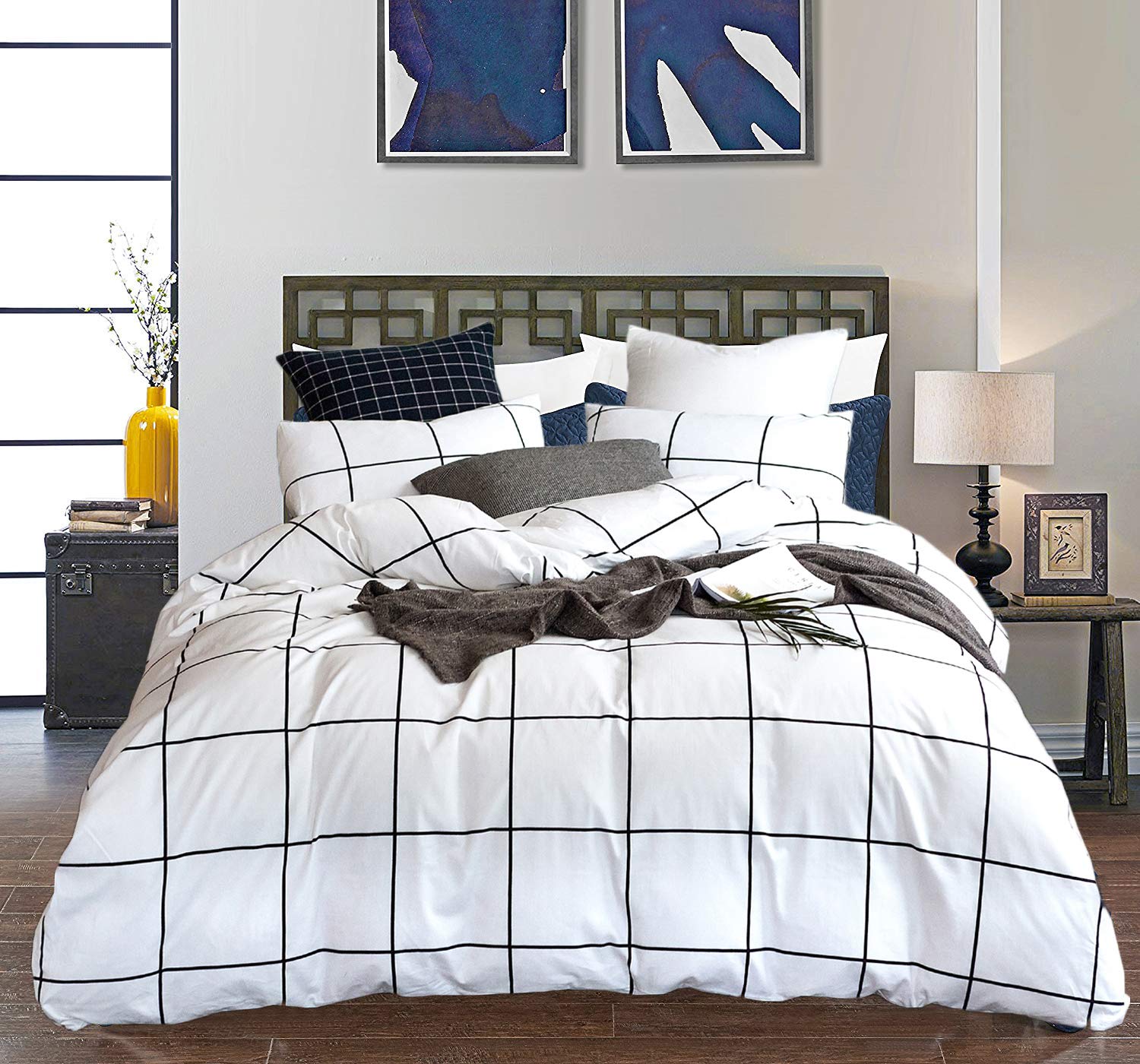 CLOTHKNOW White Plaid Comforter Set Full 3Pcs White Black Bedding Comforter Sets Checker Comforter Full Size White Black Comfort
