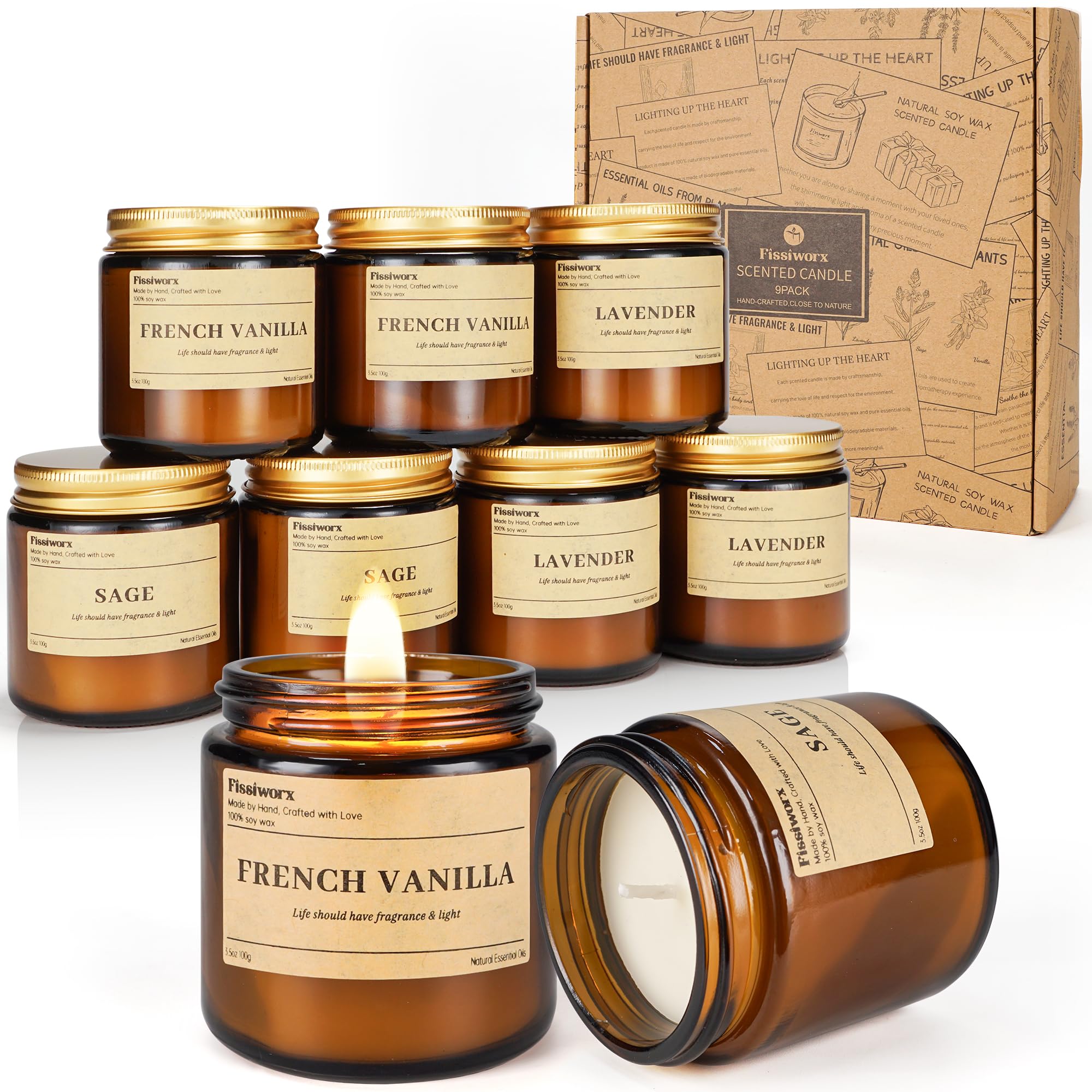 9 Pack Soy Candles for Home Scented |(Vanilla/Lavender/Sage) Long-Lasting 270 Hours, Natural Scented Candles Gift for Women & Me