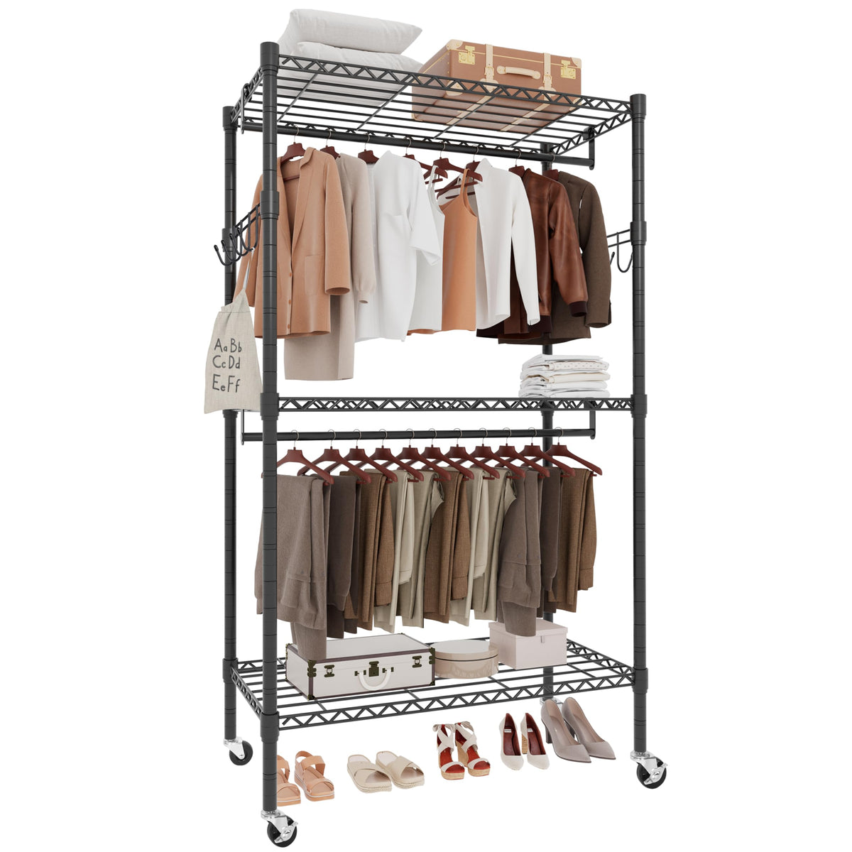 Whitmor 3 Tier Rolling Garment Rack, Heavy Duty Adjustable Metal Clothing Rack with Side Hooks, Double Rods & 360 Lockable Wheel