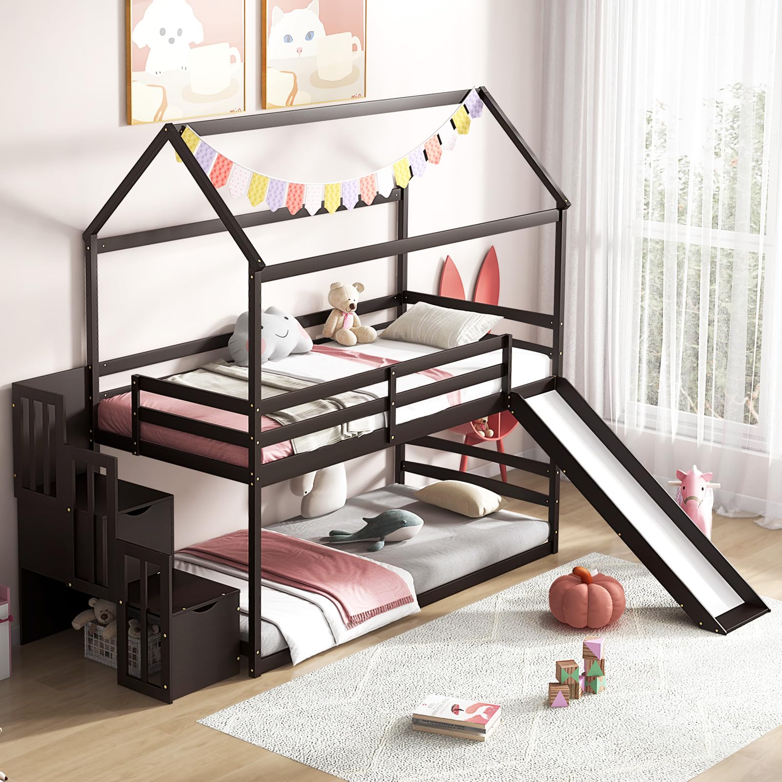 KOMFOTT Wood Twin Over Twin House Bunk Bed with Slide & Storage Staircase, Solid Pine Wood Bunk Bed Frame with Safety Guardrails