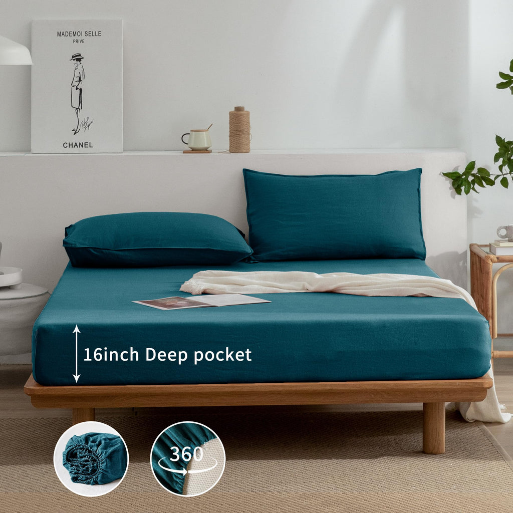 Everly Linen California King Sheets Set, 100% Stonewashed French Linen Bed Sheets Deep Pocket Sheets, 4 Pieces (1 Flat Sheet, 1