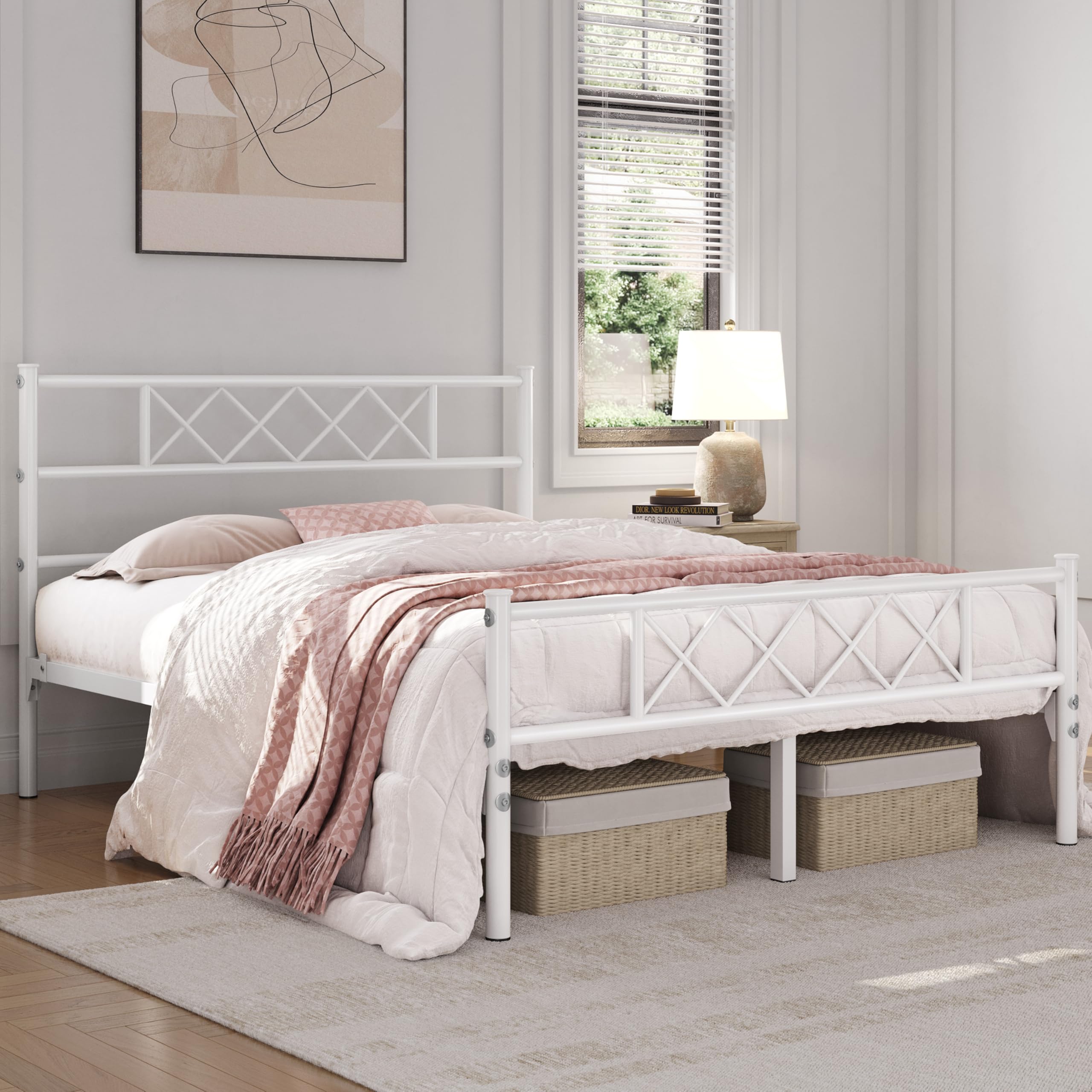 Yaheetech Metal Platform Bed Frame Mattress Foundation With Headboard And Footboard No Box Spring Needed Under Bed Storage Steel Slats White Full Size