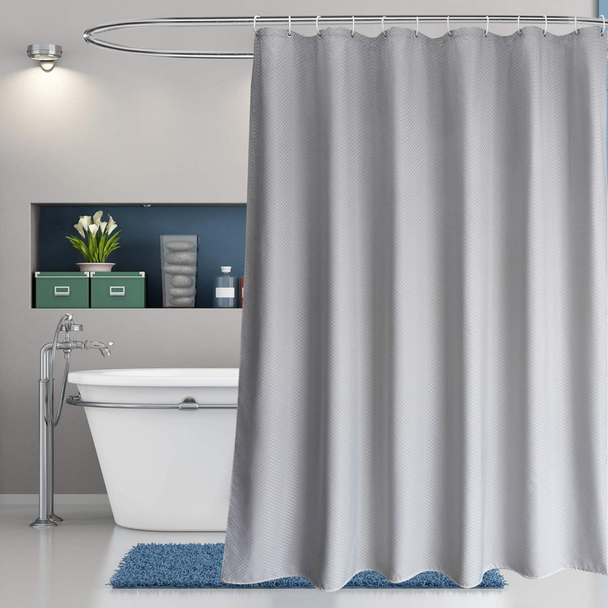 Eurcross Waffle Weave Pattern Gray Extra Long Fabric Shower Curtain 96 Inch, Heavyweight, Water-Repellent Bathroom Shower Curtai