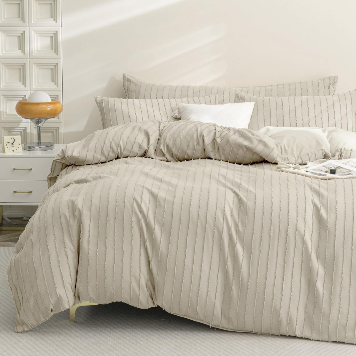Jellymoni Cream Grey Duvet Cover Oversized King - 3Pcs Microfiber Tufted, Boho Striped, Textured Duvet Cover With Corner Ties &