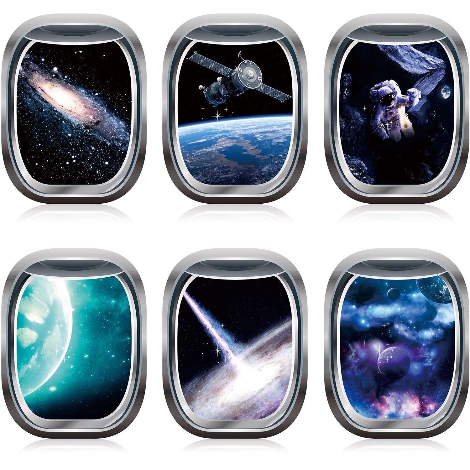 Blulu 6 Pieces 3D Space Capsule Window Wall Decor Outer Space Window Wall Decals Poster Spacecraft Astronaut Mural Galaxy Wallpa