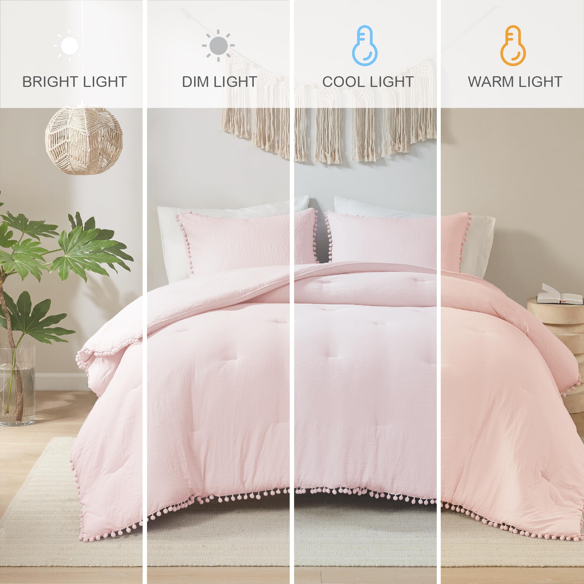 Codi Pink Comforter Set Queen - Boho Aesthetic Pom Fringe Bedding For Teen Girls, Cute Soft Washed Microfiber Blush Bed Sets, Li