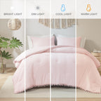 Codi Pink Comforter Set Queen - Boho Aesthetic Pom Fringe Bedding For Teen Girls, Cute Soft Washed Microfiber Blush Bed Sets, Li