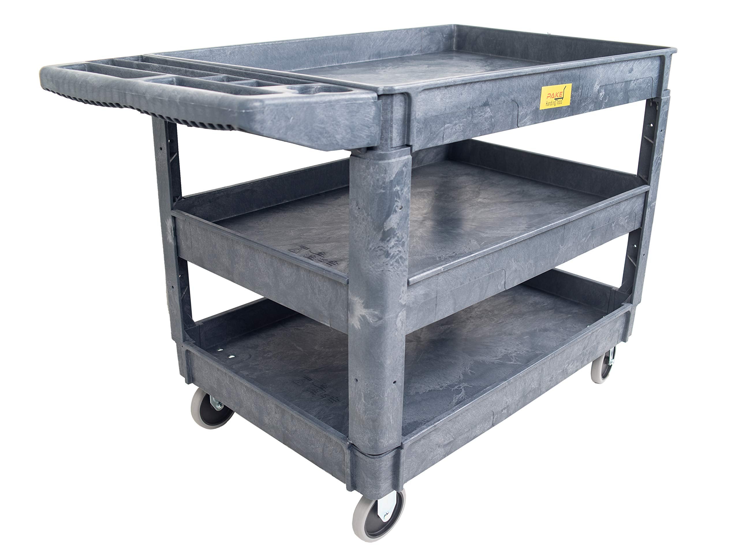 550Lb Capacity Heavy Duty Plastic Utility Cart 46' L X 25-5/8' W With Handle 3 Shelves Pake Handling Tools