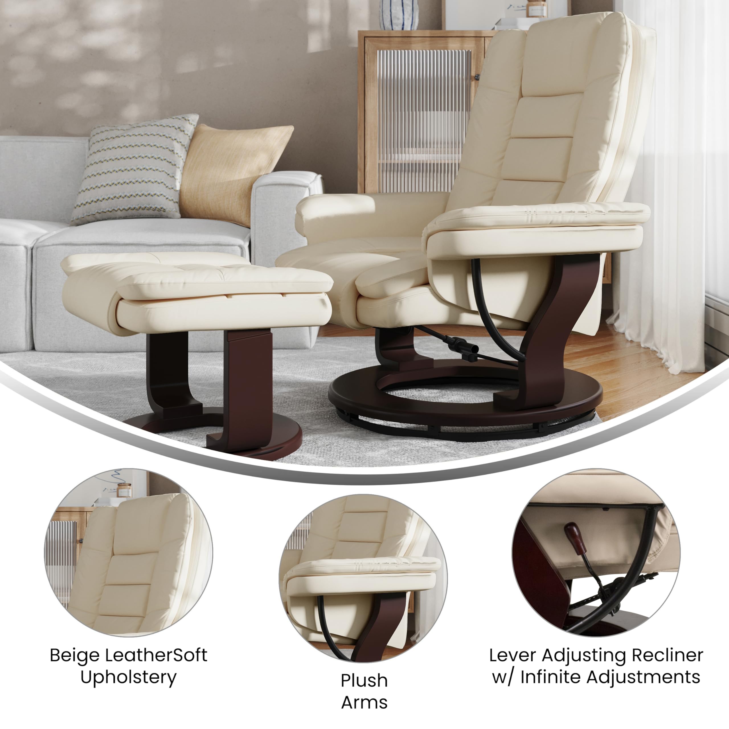 Flash Furniture Bali Contemporary Multi-Position LeatherSoft Recliner Chair with Ottoman, 360-Degree Swivel Recliner Chair/Ottoman Set, Beige
