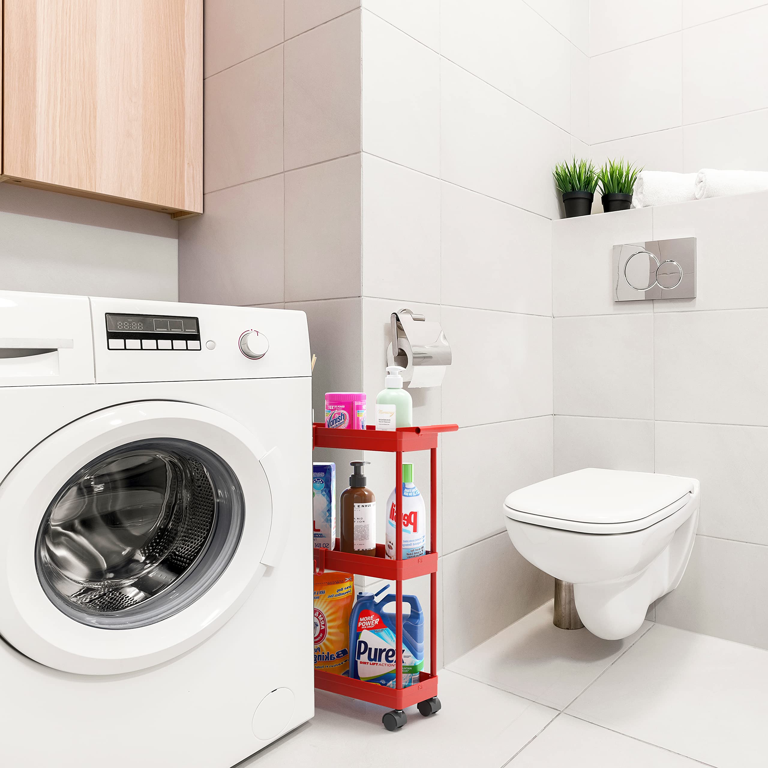 Simplehouseware Kitchen Cart Storage 3-Tier Slim/Super Narrow Shelves With Handle, 26.5'' Height/5.5'' Width For Narrow Place, Red