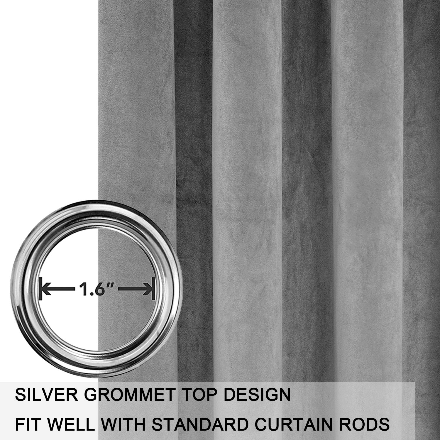 Smiletime Grey 63 In Long Velvet Curtains With Grommet, Thermal Insulated Super Soft Privacy Noise Reducing Light Blocking Velve