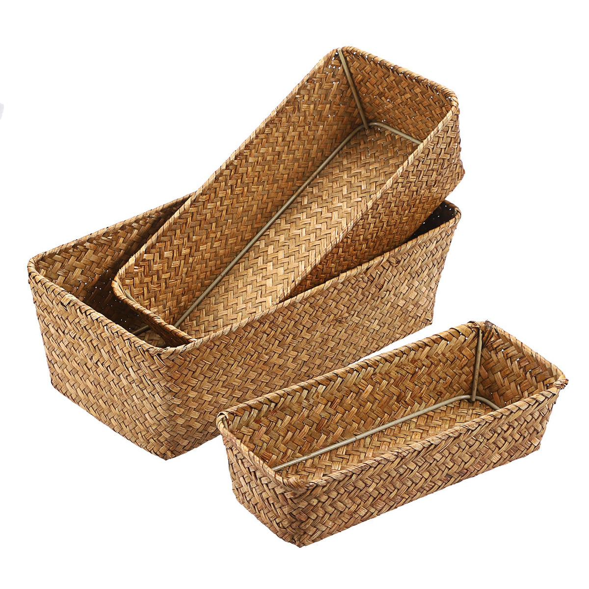 3 Natural Wicker Basket Set Rectangular Seagrass Basket, Caramel