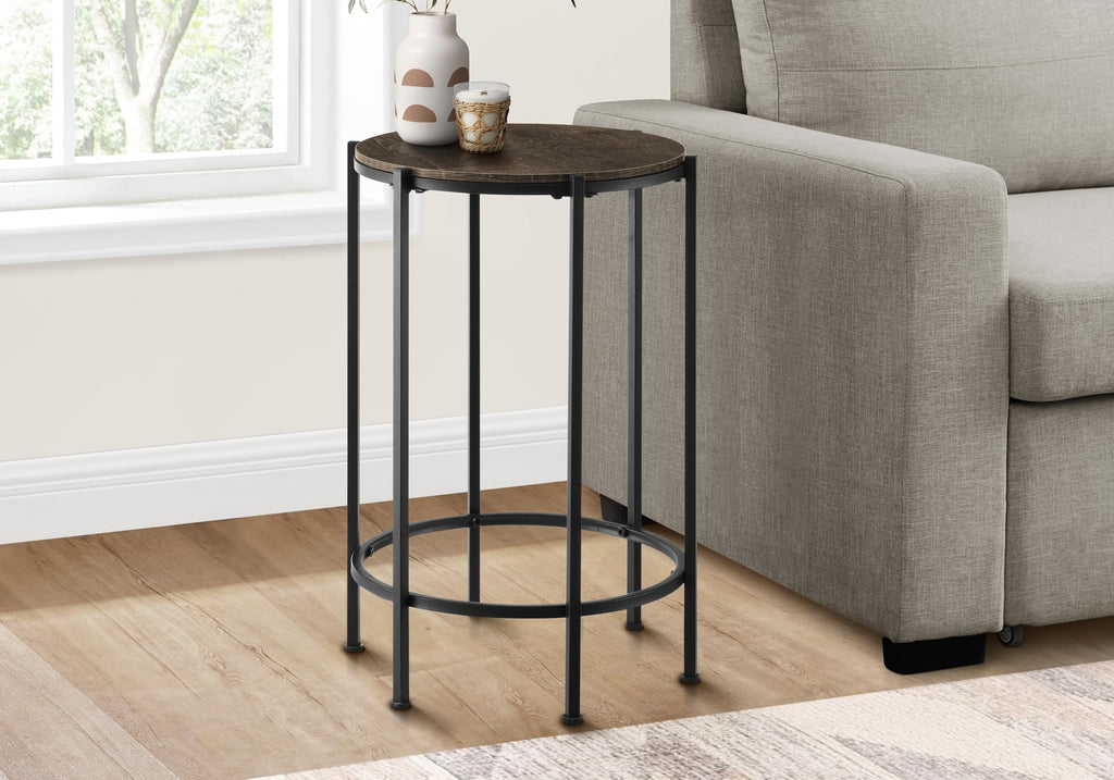 Monarch Specialties I 3756 Accent Table, End, Round, Side Table, Bedroom, Nightstand, Dark Oak, Black Metal