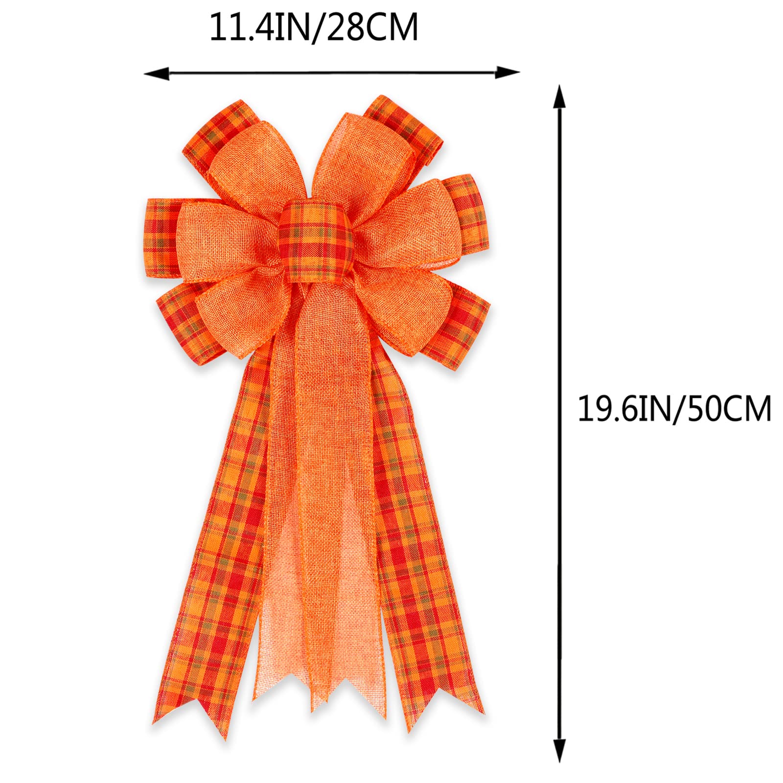 2 Pack Fall Bows For Wreaths Decorations For Home, Halloween Tree Topper Bow, Thanksgiving Bow With Orange Buffalo Plaid Burlap