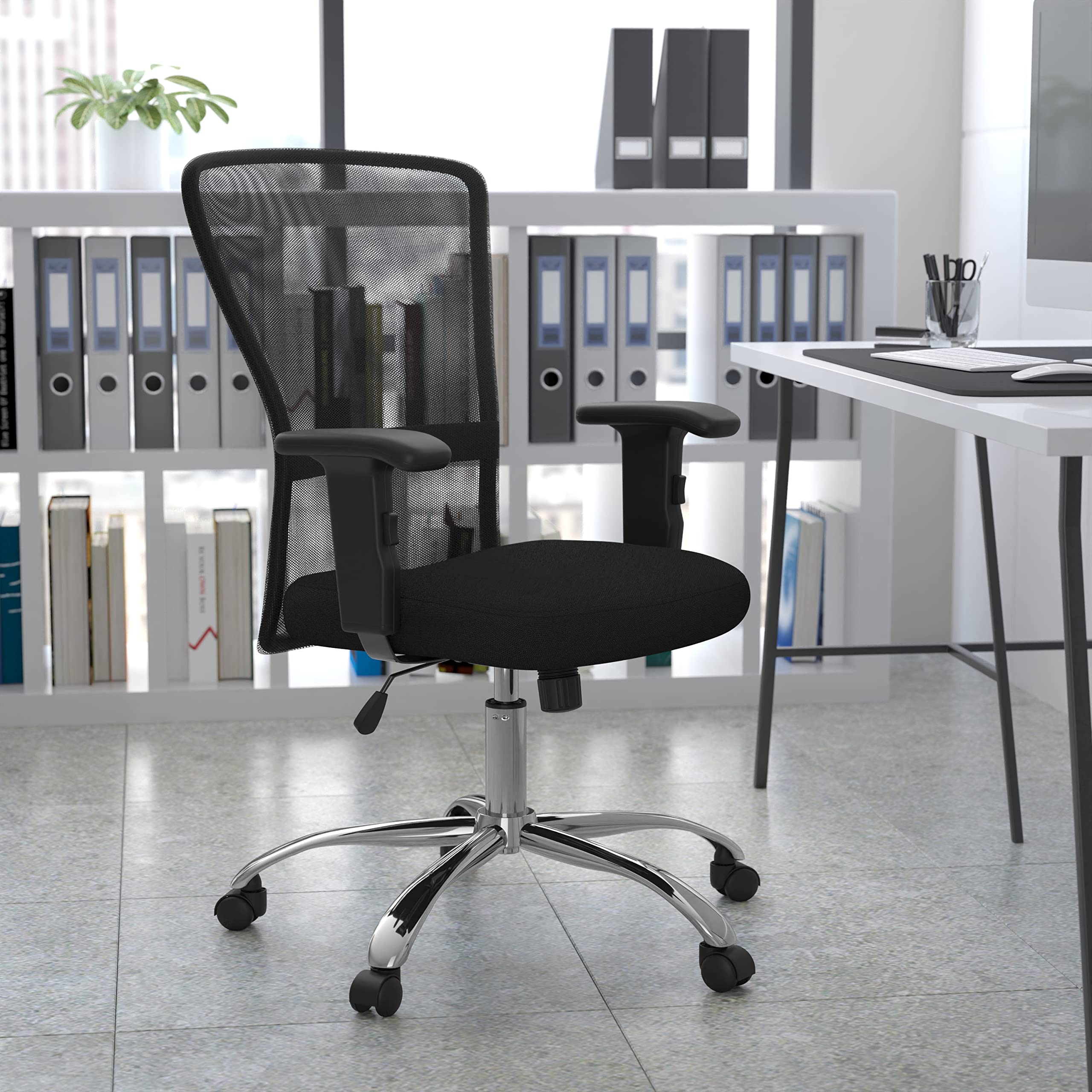 Flash Furniture Mid-Back Black Mesh Contemporary Swivel Task Chair with Chrome Base and Height Adjustable Arms