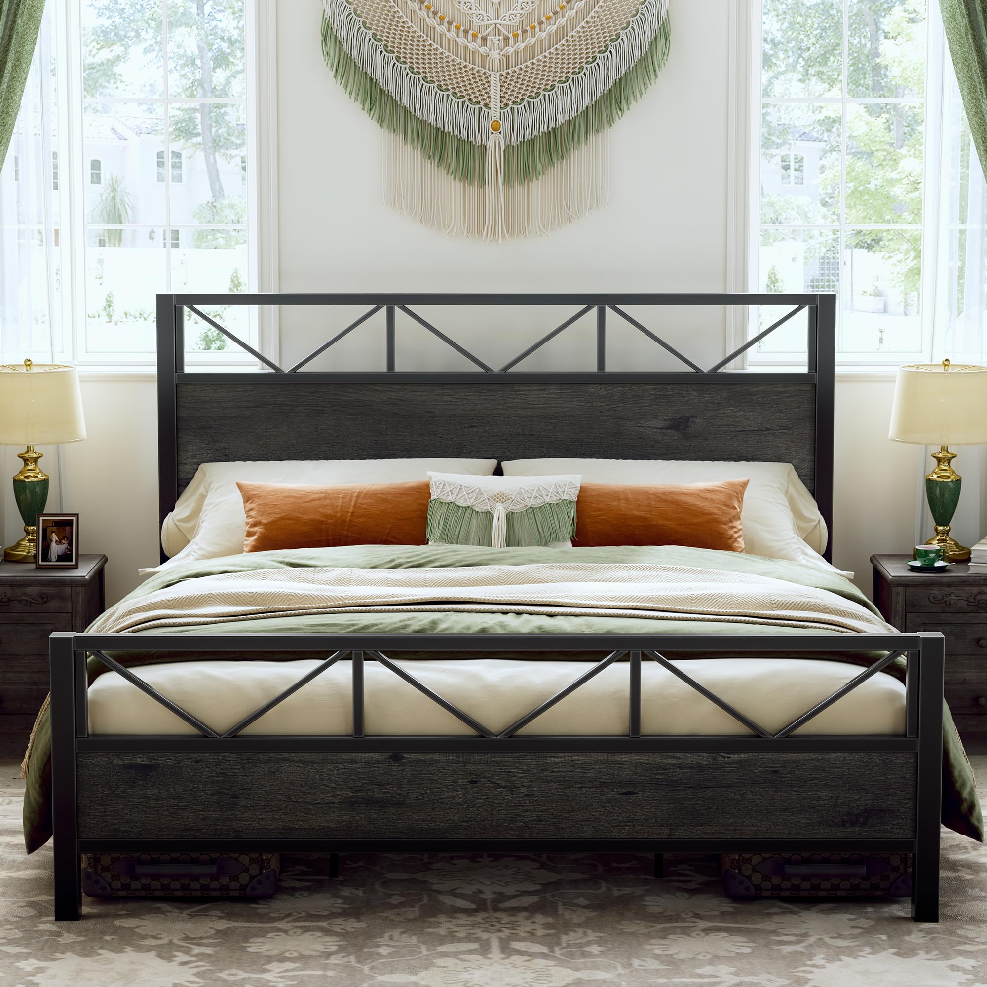 LIKIMIO King Bed Frame, Tall Industrial Headboard 51.2 , Platform Bed Frame with Strong Metal Support, Solid and Stable, Noise F