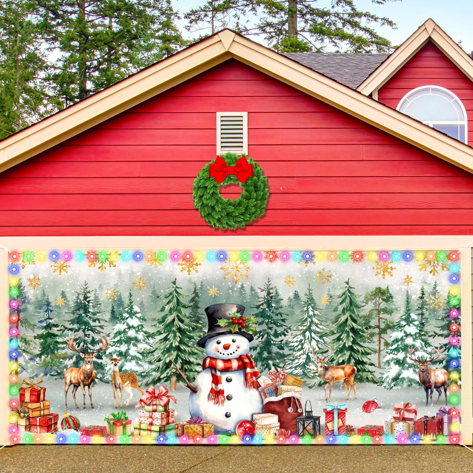 Fuweave Christmas Garage Door Banner Cover With Led String Light Battery Box Outdoor Large Xmas Snowman Garage Door Decors Winte
