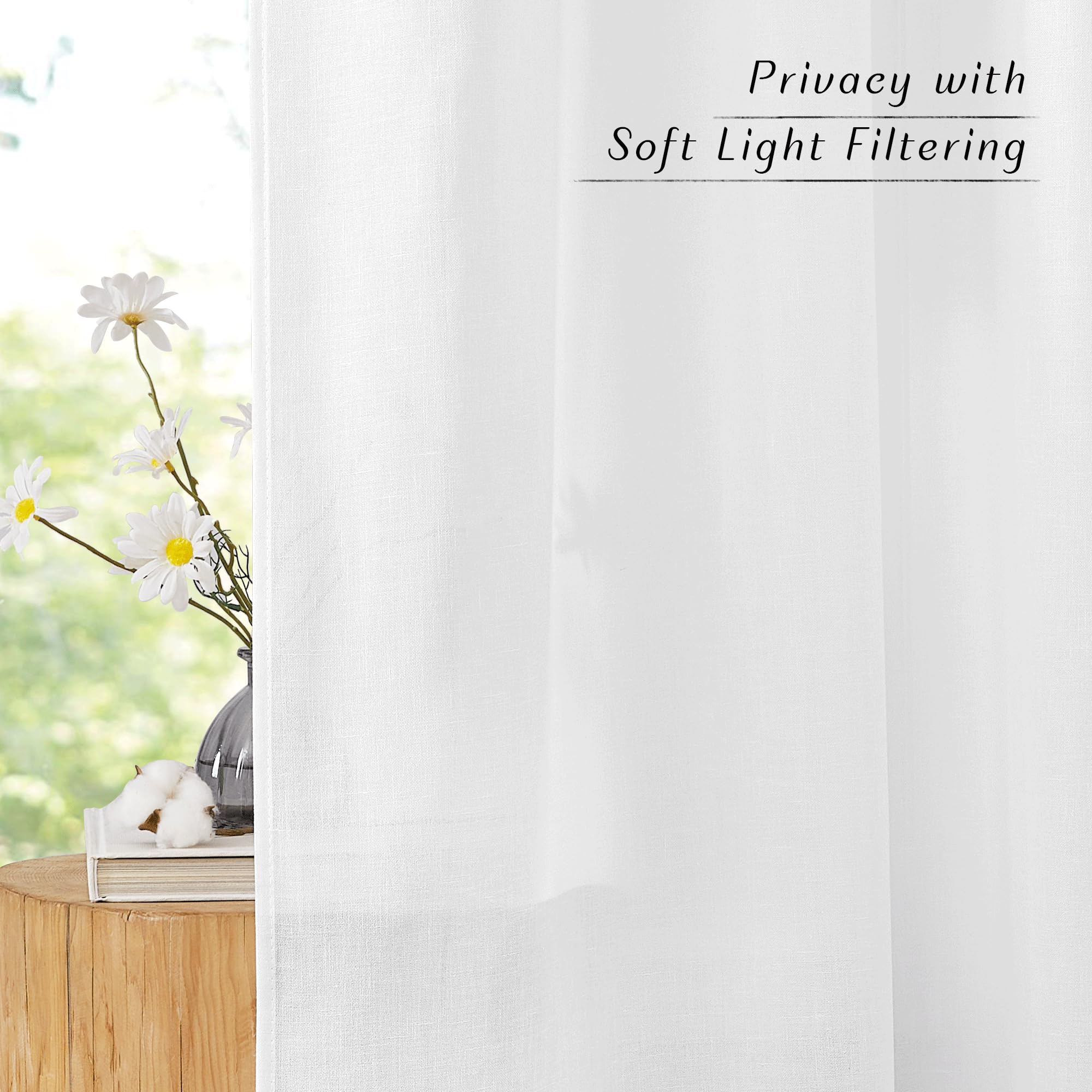 Nicetown White Linen Curtains 96 Inches Long, Grommet Thick Linen Flax Drapes Privacy Added With Light Filtering Room Divider Drapes For Bedroom/Sliding Door, W68 X L96, 2 Panels