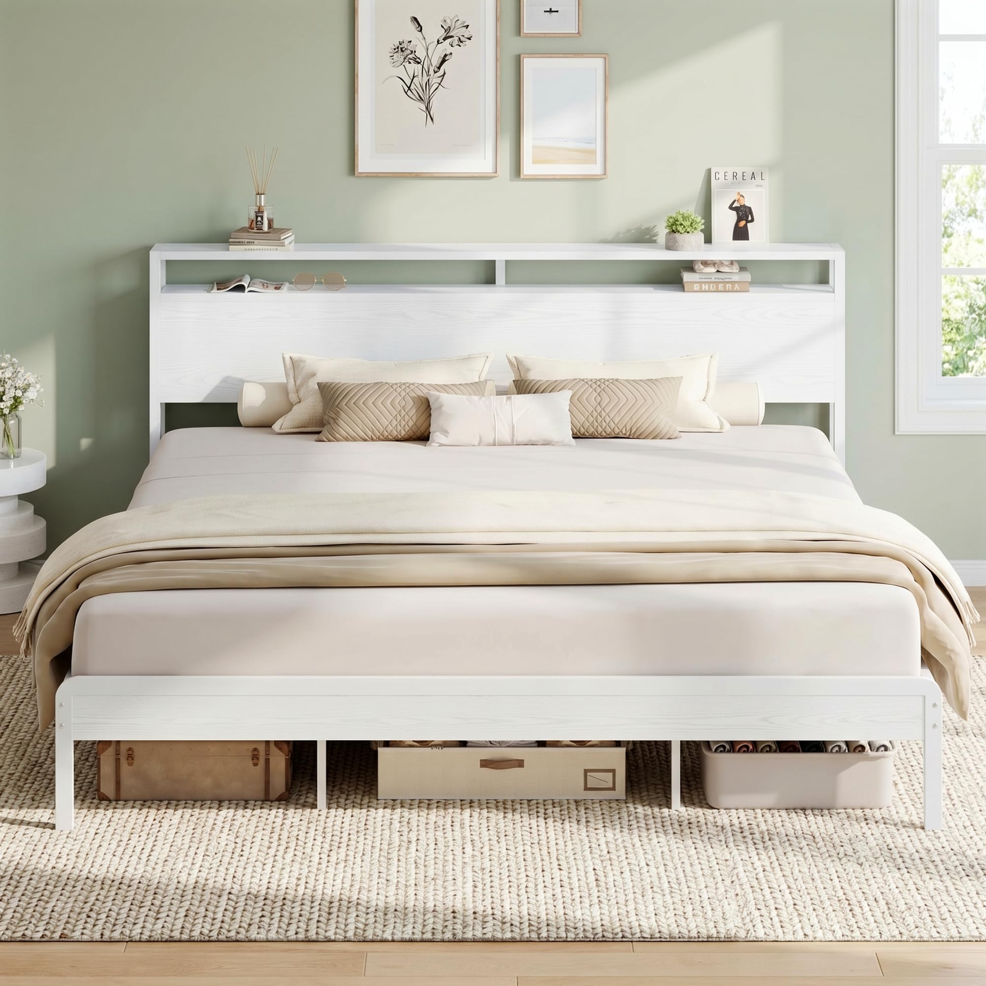 LIKIMIO King Bed Frame with Headboard, Wood Camas King with Strong Supports, Sturdy, Noise-Free, No Box Spring Needed, White