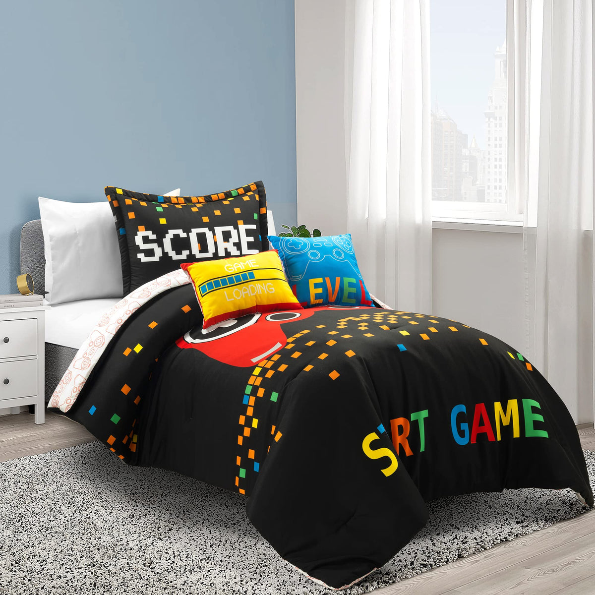 Lush Decor Video Games Reversible Oversized 4 Piece Comforter Set, Twin, Black & Red