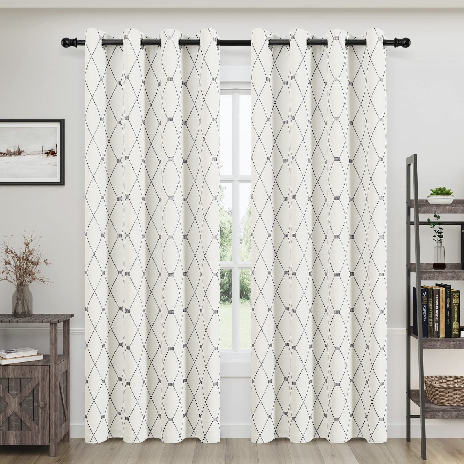 Embroidered Curtains 84 inch Length 2 Panels Set for Living Room Bedroom, Cotton Linen Textured Curtains Light Reducing Draperie