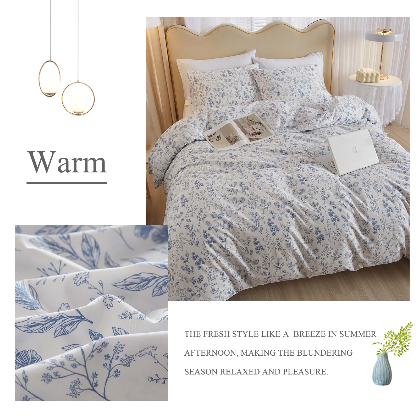3 Pieces Duvet Cover Queen Size White Duvet Cover With Blue Floral Print,Soft Cotton Comforter Cover Boho Style,Aesthetic Queen