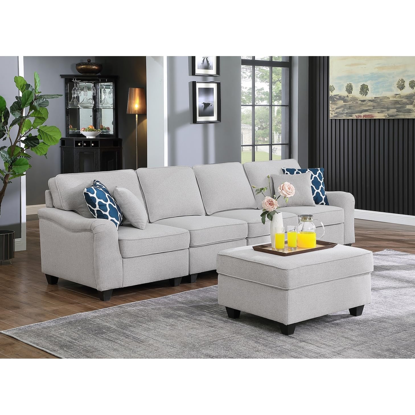 Lilola Home Leo Light Gray Linen 5 Seater Sofa and Ottoman