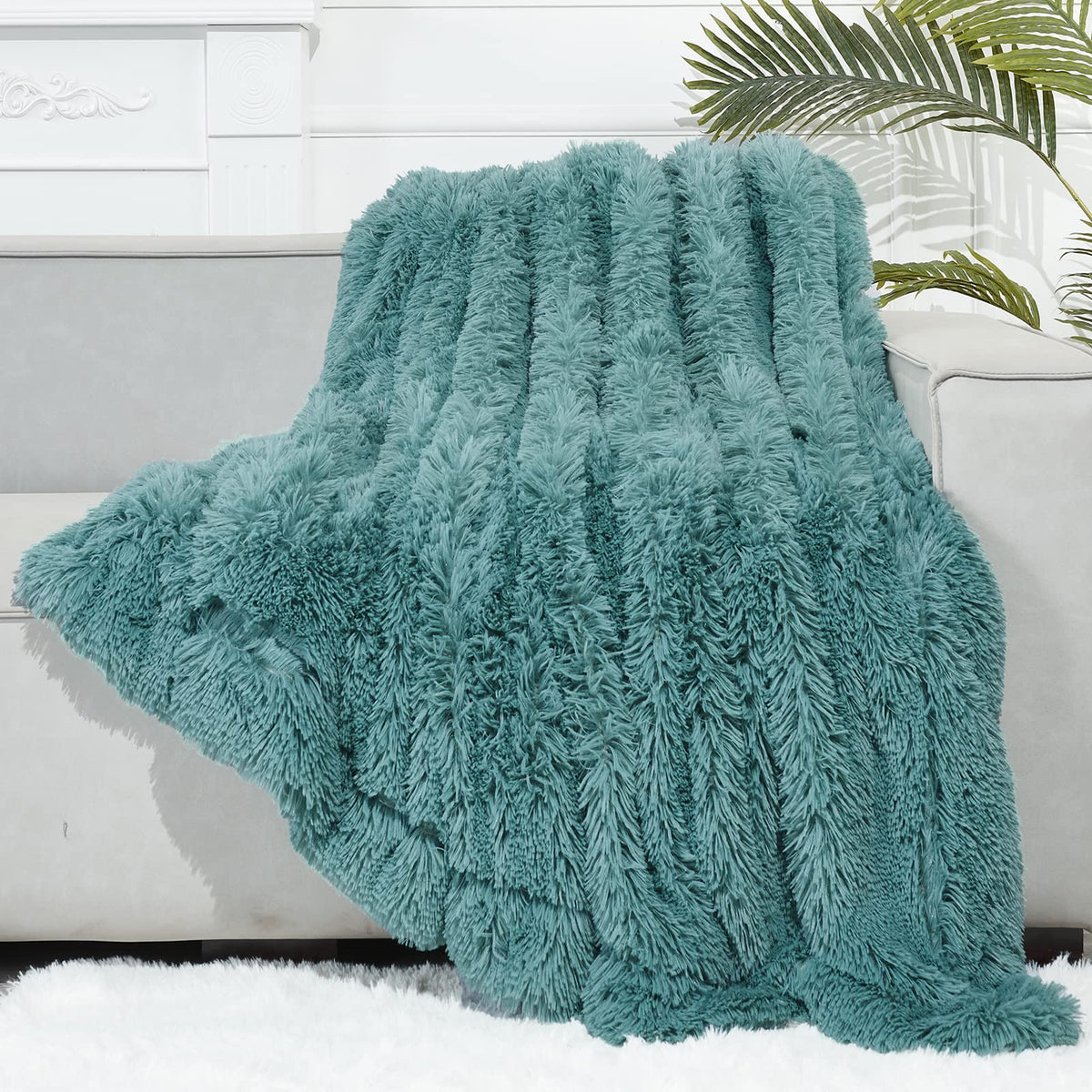 Gonaap Fuzzy Faux Fur Throw Blanket Light Teal Super Soft Cozy Plush Fuzzy Shaggy Blanket For Couch Sofa Bed (Light Teal, Throw(