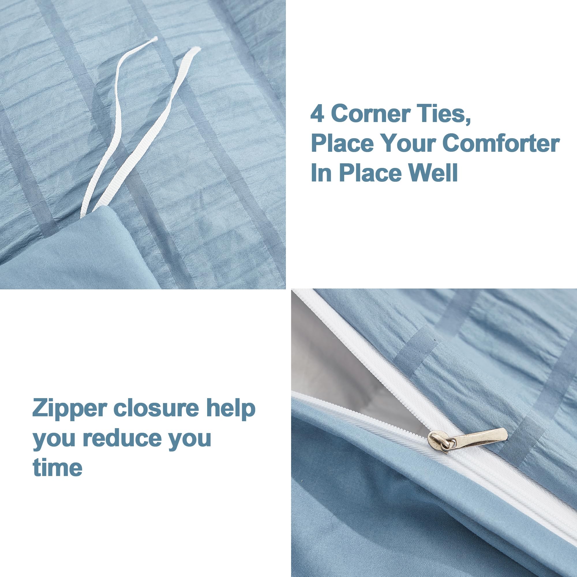 Avelom Grayish Blue Duvet Cover King(104 X 90 Inches), 3 Pieces (1 Duvet Cover, 2 Pillow Cases), Seersucker Striped Soft Washed Microfiber Textured Duvet Cover Set With Zipper Closure, Corner Ties