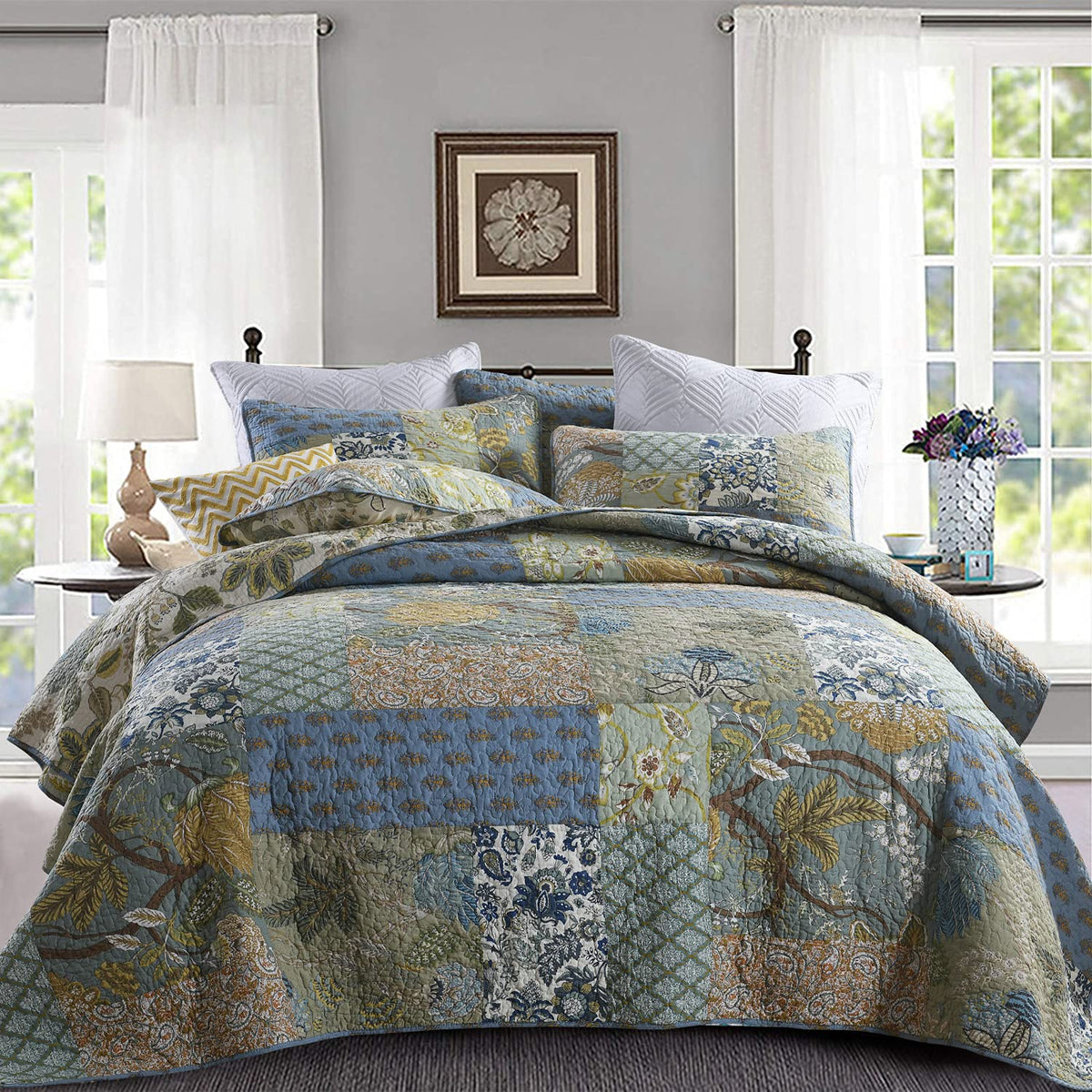 Yvooxny Quilt Set Queen Bedspread Reversible Green Farmhouse Garden Coverlet Real Patchwork Quilt Set For All Seasons, Bohemian