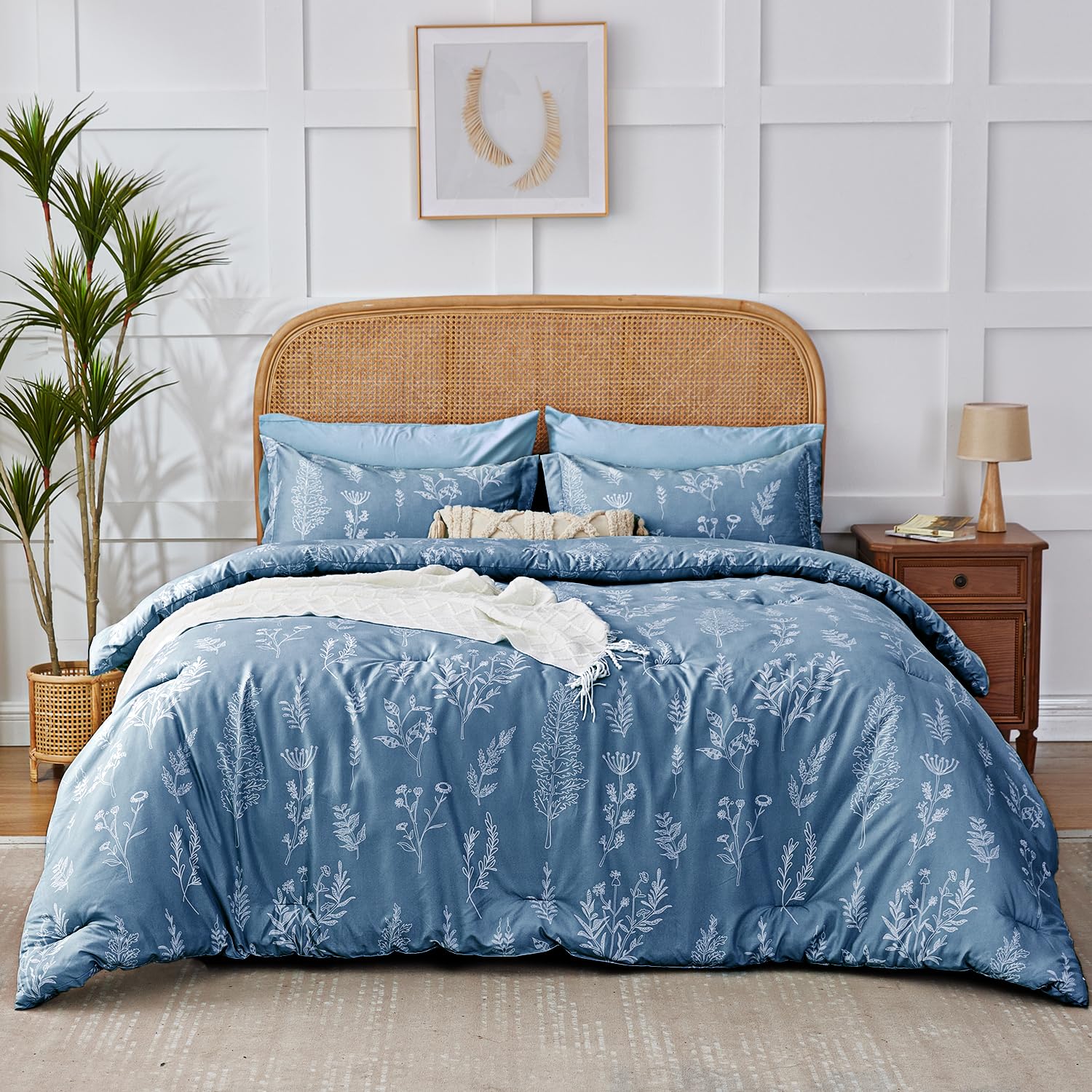 Kozyhvn Floral Comforter Set Full Blue, Cute Flower Bed In A Bag Full Boho 7 Pieces, Soft Fluffy Bedding Sets With Comforter, Sh