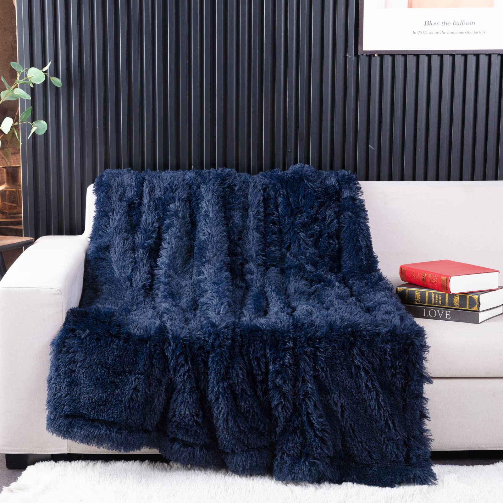 Yusoki Navy Blue Faux Fur Throw Blanket,2 Layers,50' X 60' Cozy Plush Fluffy Blanket Furry Fuzzy Warm Cute Shaggy Blanket For