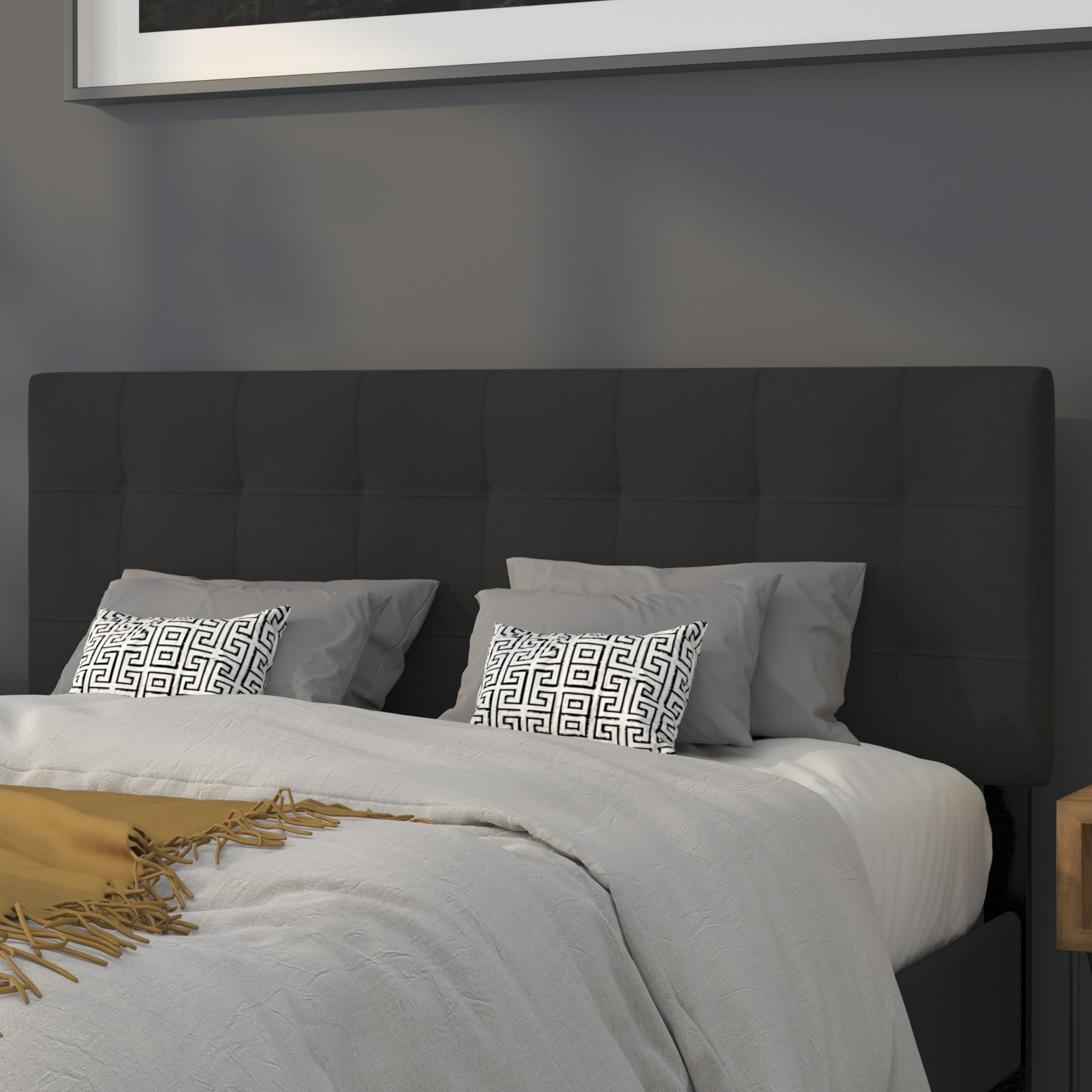Flash Furniture Bedford Tufted Upholstered Headboard For Queen Size Bed, Contemporary Fabric Tufted Headboard With Adjustable Height, Black