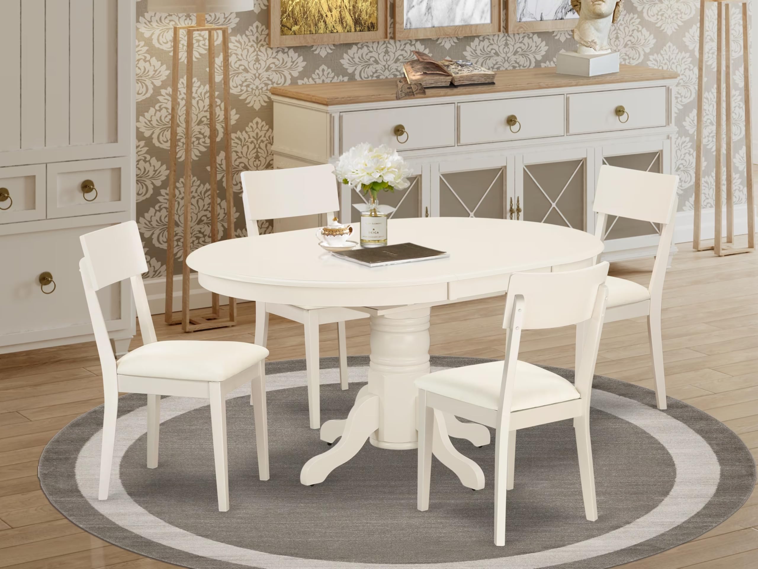 East West Furniture Avad5-Lwh-Lc 5 Piece Modern Dining Table Set Includes An Oval Wooden Table With Butterfly Leaf And 4 Faux Leather Kitchen Dining Chairs, 42X60 Inch, Linen White