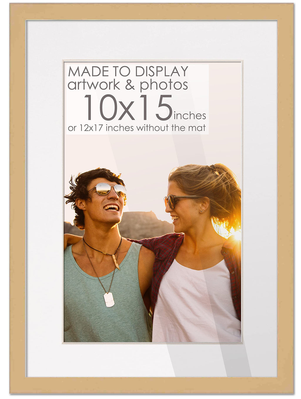 10x15 Frame Natural Wood with White Mat | 12x17 Frame Matted to 10x15 | Display Your Photo Under UV Acrylic Shatter Guard Front,
