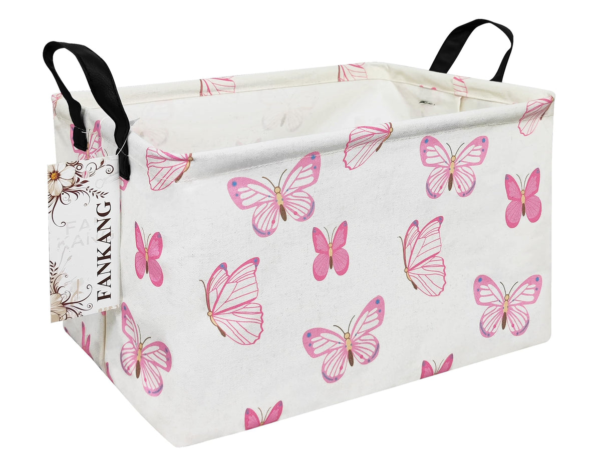 Fankang Storage Bins, Nursery Hamper Canvas Laundry Basket Foldable With Waterproof Pe Coating Large Storage Baskets For Kids Boys And Girls, Office, Bedroom, Clothes,Toys(Rec-Pink Butterfly