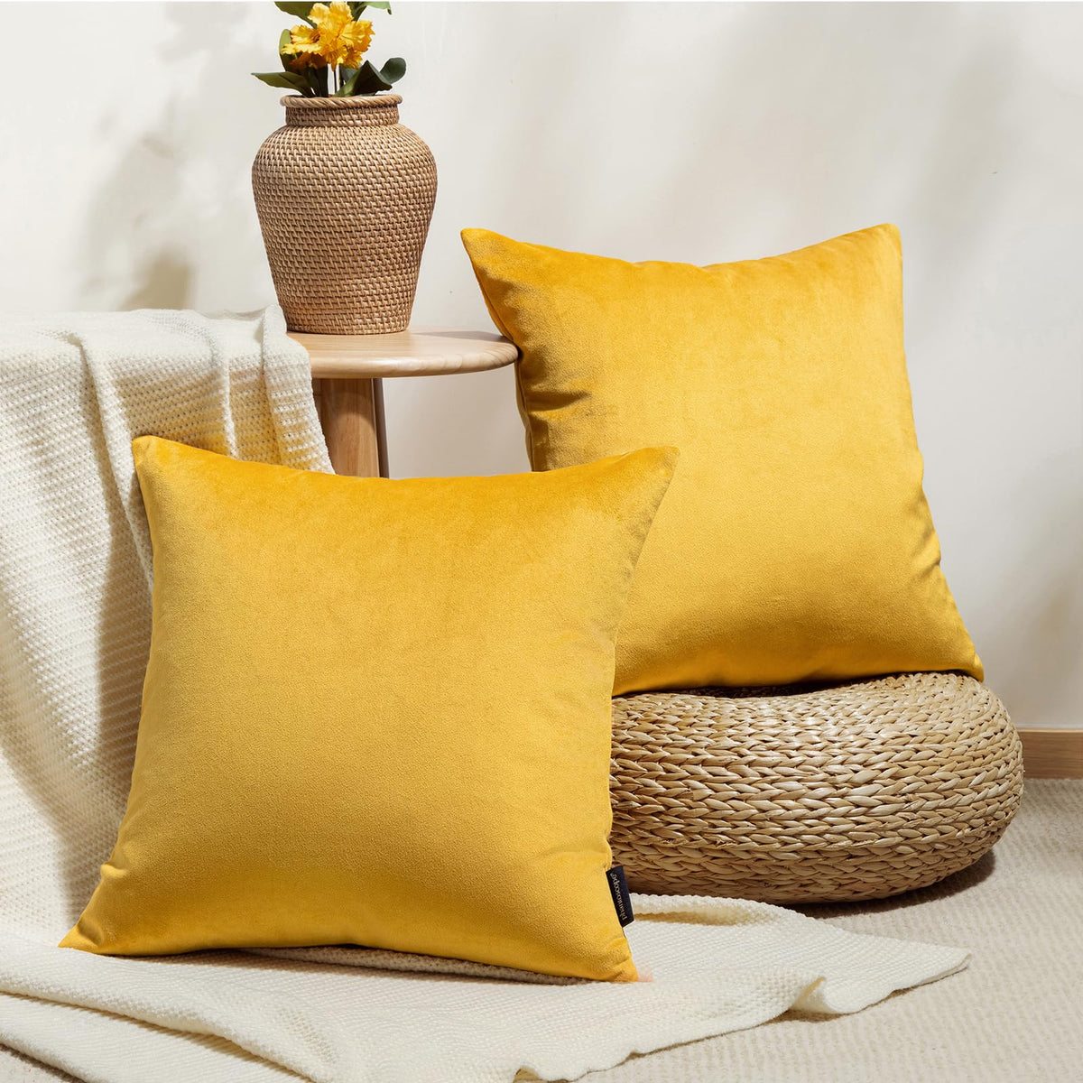 Phantoscope Pack Of 2 Fall Velvet Decorative Throw Decorative Pillow Cover Soft Solid Square Cushion Case For Couch Mustard Yell