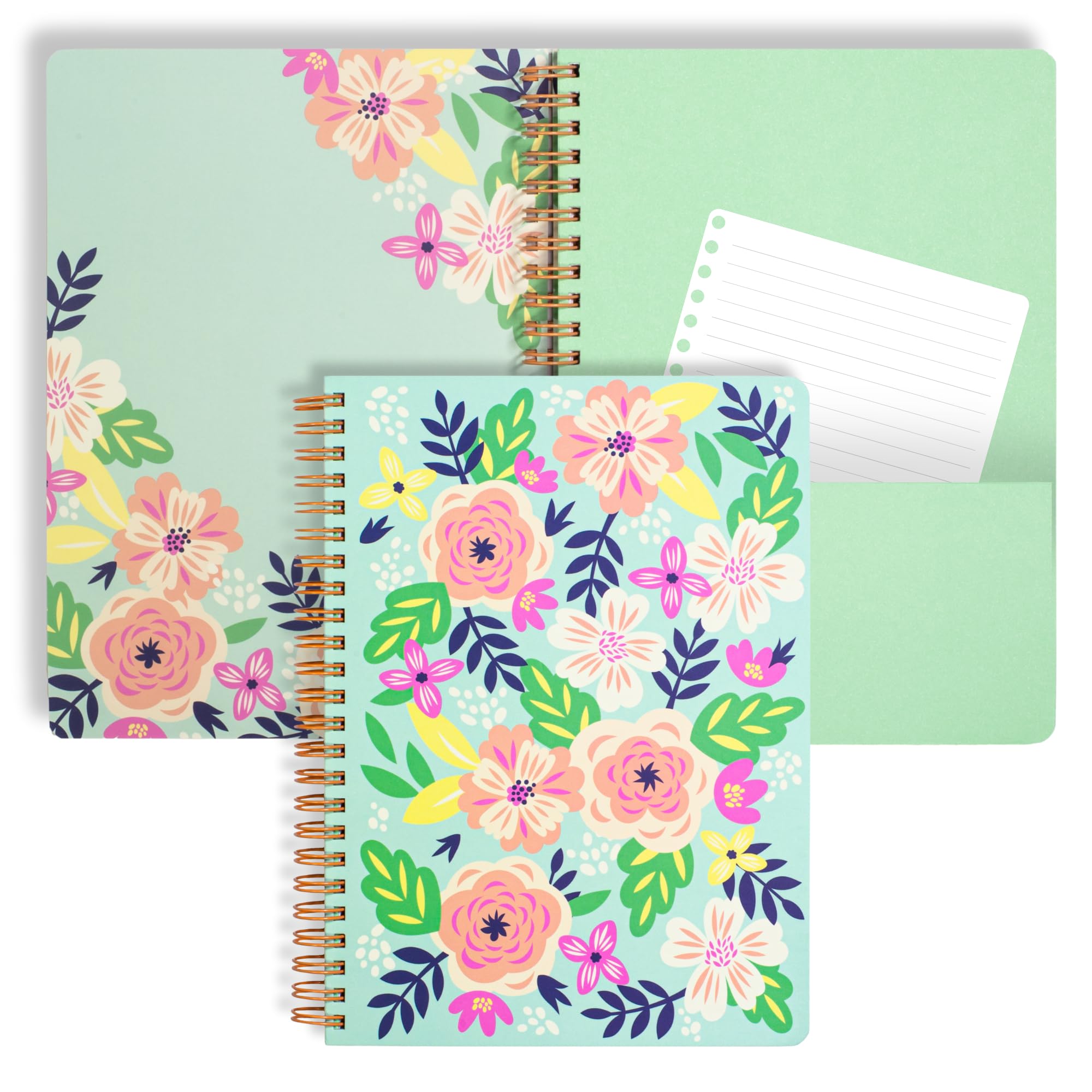 Steel Mill & Co Cute Green Mini Spiral Notebook, 8.25' X 6.25' Journal With Durable Hardcover And 160 Lined Pages, Mint Floral
