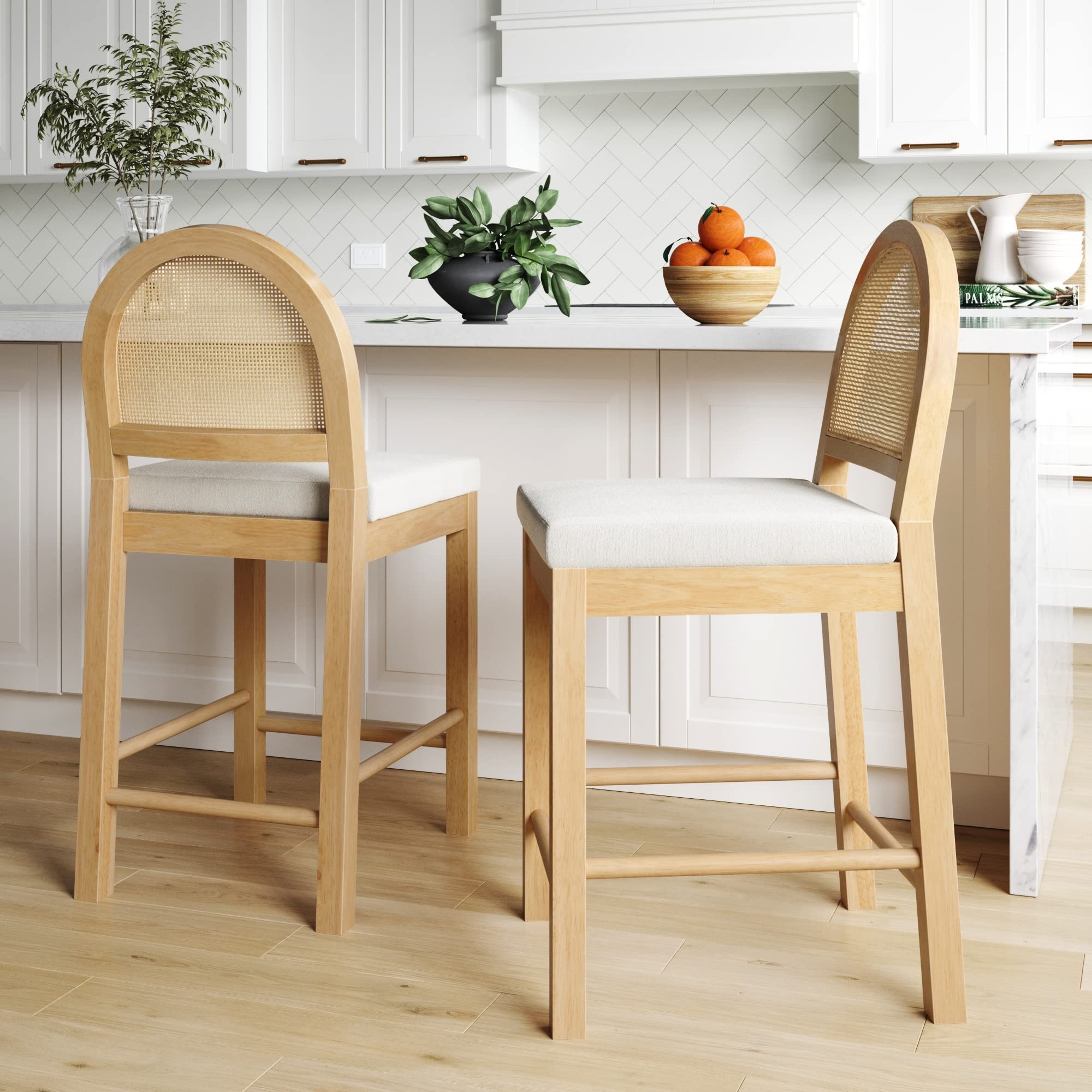 Nathan James Bailey Upholstered Rattan Bar Stool in Oak Finish Frame, Counter Height Stool with Natural Rattan Woven Back For Ki