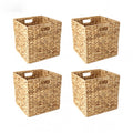 12x12in Storage Baskets,Set of 4 Water Hyacinth Baskets,Wicker Cube Baskets Laundry Organizer,Foldable Handwoven Storage Cubes,f